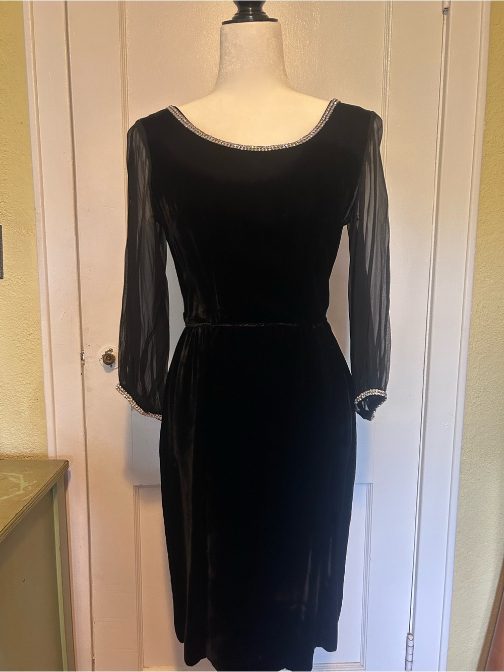 Stunning Handmade Black Velvet Dress with Sheer Sleeves and Crystal Accents